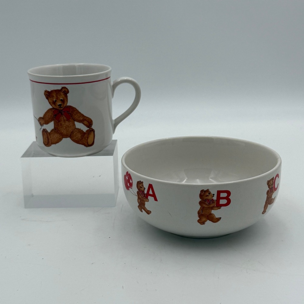 Curzon Porcelain Teddy Bear ABC Kids Mug and Bowl Set White Red Vintage Style